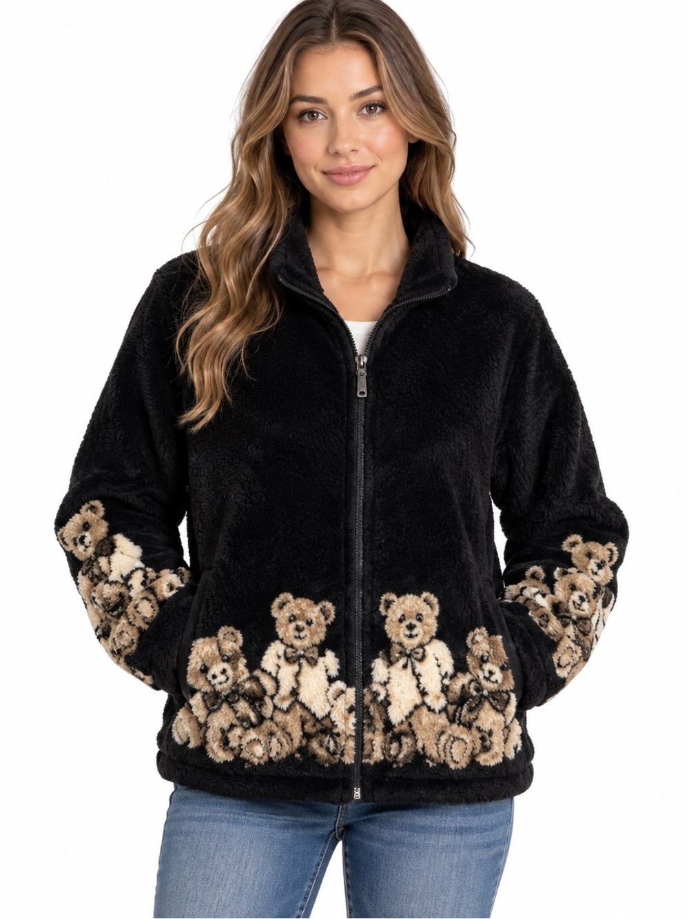 Black Teddy-Embroidered Sherpa Zip Jacket